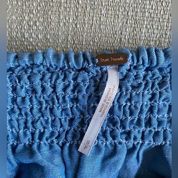 Free People Top Women’s Small In The Limelight Linen Blue Off-Shoulder Crop - Picture 5 of 10